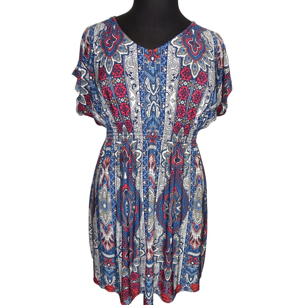 Xuafulin Blue Red Multi Paisley Stretchy Dolman Sleeve Dress Size XL-XXL